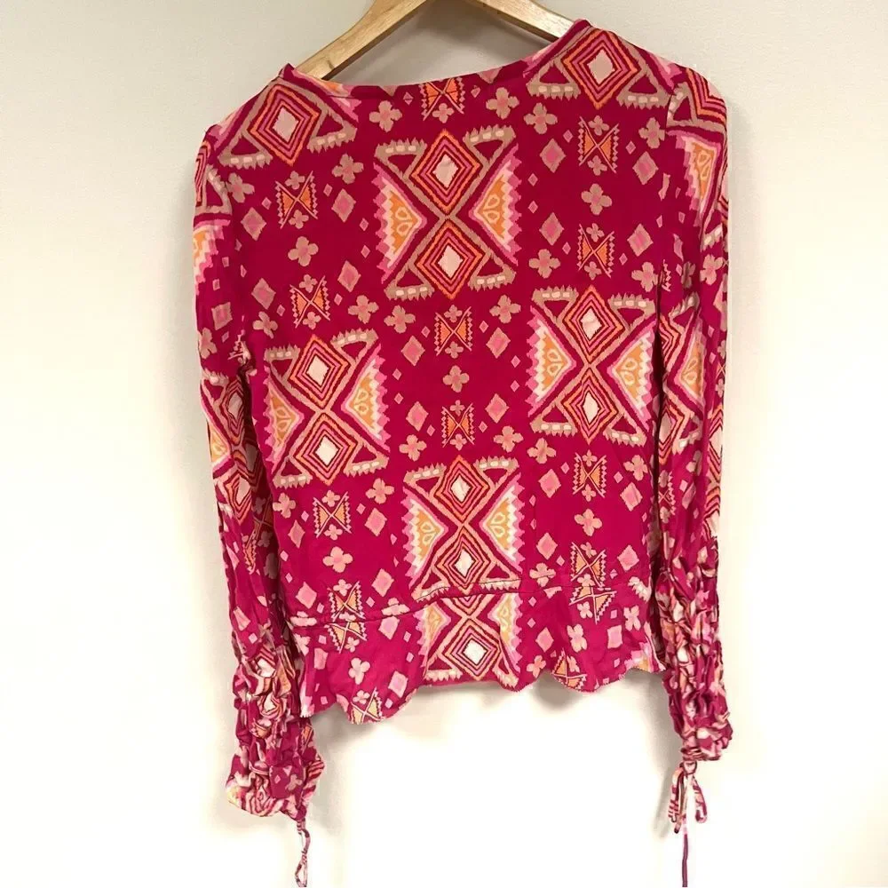 Tory Burch pink printed silk top with cinched sleeves 4